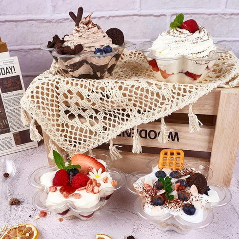 50ct 8oz Clear Plastic Dessert Cups with Spoons, Disposable Flower Shaped Ice Cream Bowls, Party Sundae Serving Bowls for Ice Cream, Nuts and Sala...