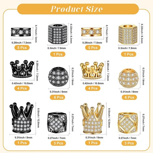 40 Pieces King Crown Charms 8mm Round Rhinestone Beads Hexagon Big Hole Spacer Beads Bracelet Connector for DIY Xmas Jewelry Crafts Making (Black ...