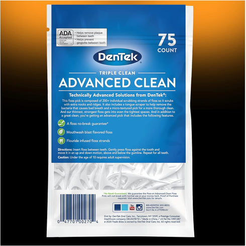 DenTek Triple Clean Advanced Clean Floss Picks, No Break & No Shred Floss, 75 Count, 3 Pack...