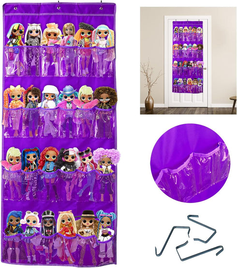 Hanging Over Door Toy Storage Organizer (24 Pockets), Compatible with LOL OMG Dolls Surprise Doll (Toys Not Included), Purple(57.5''x22'') (Purple...