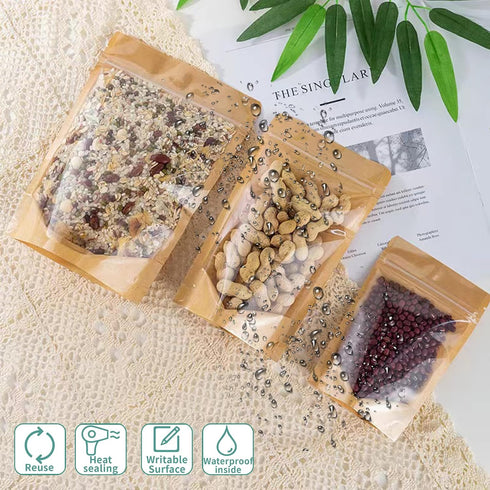 100 PCS Stand Up Pouches, 4 x 6 inch Kraft Paper Food Bags with Clear Window, Reusable Ziplock Food Storage Bags Resealable Pouches for Foods, Cof...