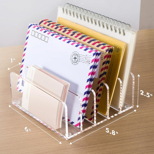 BEYGORM Acrylic Mail Holder, Clear Desk Organizer with Divider, Vertical Letter Sorter for Desktop, 5 Compartments Modern Office Home Envelope Org...