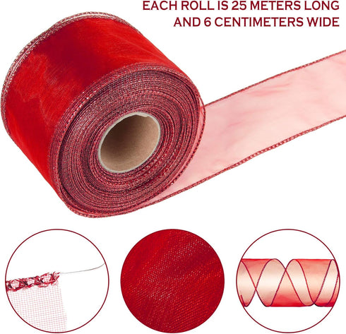 2 Rolls Christmas Organza Wired Sheer Ribbon Chiffon Ribbon Wide Solid Color Wired Sheer Organza for Christmas (Red)...