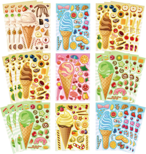 Ice Cream Party Kids Sticker Sheets, 36 Sheets Build Your Own Stickers, Mix And Match Ice Cream Decals Stickers, DIY Crafts Stickers Face Stickers...