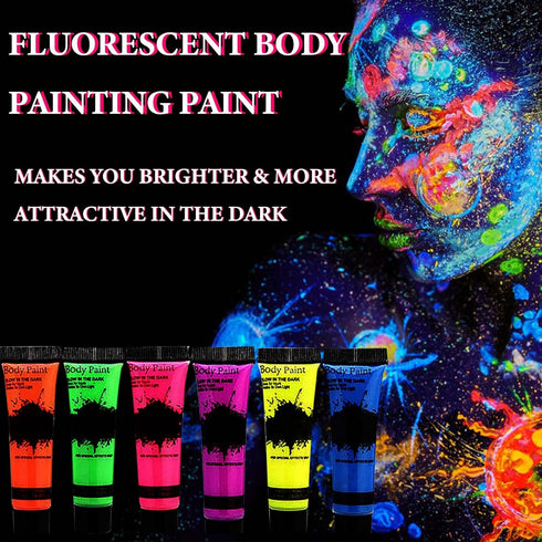 6 Pcs Glow in Dark Face Body Paint,Neon Fluorescent Blacklight Glow Face Makeup Set,Washable & Quicker Dry Neon Face Body Paint for Party Supplies...