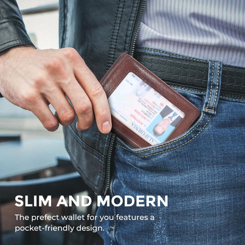 RFID Blocking Front Pocket Minimalist Slim Leather Bifold Wallet Credit Card Case Holder ID Window...