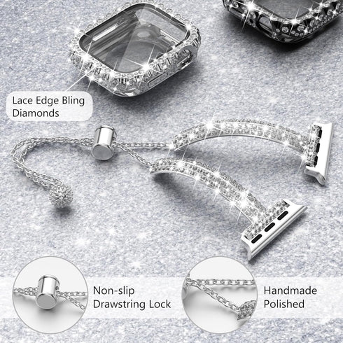 WINGLE Bling Band and Case for Apple Watch Bands 41mm Women Series 9 8 7, Dressy Diamond Bracelet Slim Fancy Band with 2 in 1 Waterproof Rhineston...
