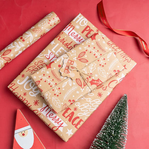 LeZakaa Christmas Kraft Wrapping Paper - Mini Roll - Snowflake/Berry Leaves/Happy Holidays Lettering for Gift Wrap, Arts Crafts - 17 x 120 inches ...