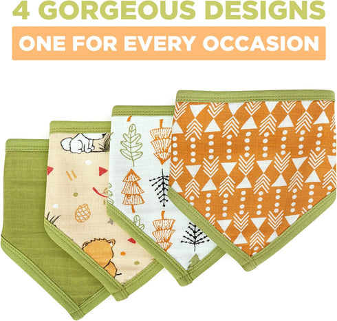 DREAMS & DIMPLES Muslin Baby Bibs with Adjustable Nickle Free Snap Button Cotton Bib 4 Pack Bandana Bib for Newborn - Toddler...