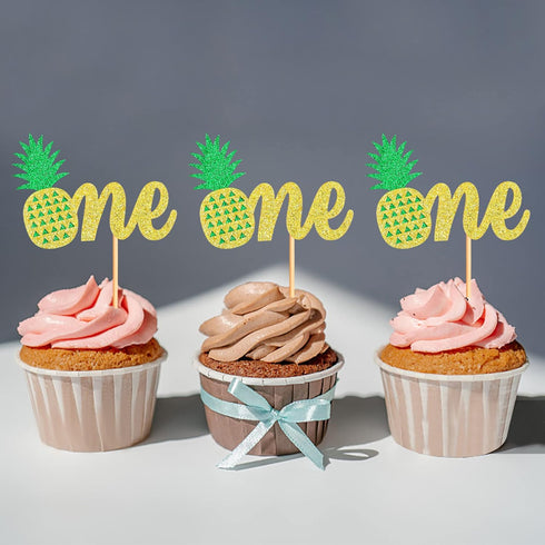 Ercadio 24 Pack Pineapple One Cupcake Toppers Glitter Pineapple 1st Birthday Cupcake Picks Hawaii Luau Tropical Cupcake Decors Summer Theme Baby S...