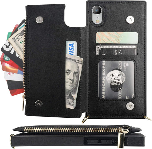 Bocasal Crossbody Wallet Case for iPhone Xr with Card Holder,Zipper Card Slot Protector Shockproof Purse Cover with Removable Cross Body Strap 6.1...