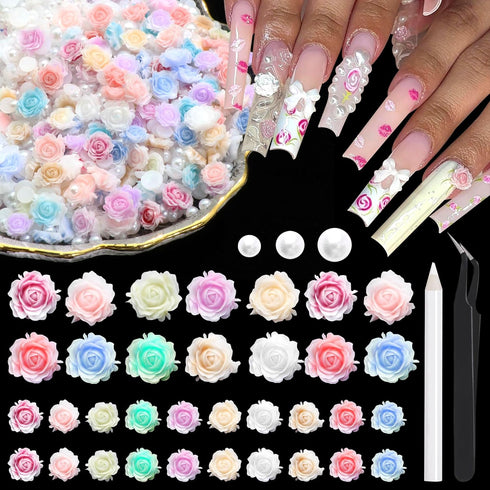 600Pcs Flower Nail Charms and Flatback Pearls,Mixed Size 3D Rose Flowers Nail Charms for Acrylic Nail Supplies Design,White Half Pearls for Nail J...