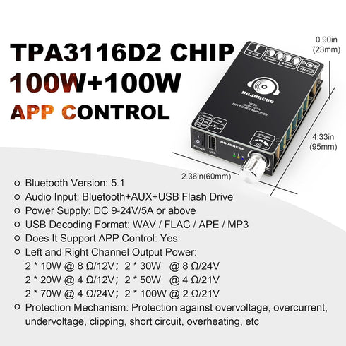 1002S 2.0 Bluetooth Amplifier Board with Dual TPA3116D2 Chips, 100W+100W Power Output (1002S)...