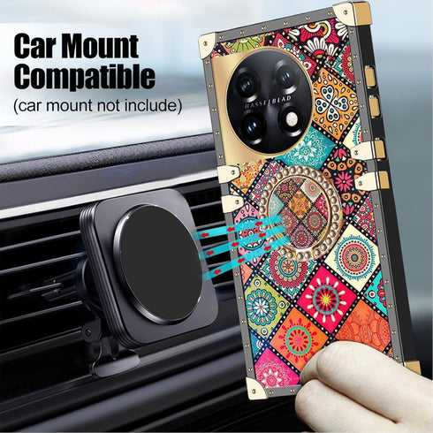 nancheng for Oneplus 11 Square Case (6.7-inch) with Ring Stand Cute Girls Women Retro Mandala Flower Pattern Metal Reinforced Corners Shockproof P...