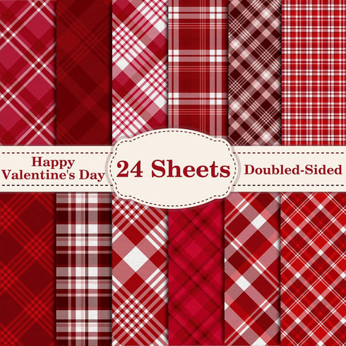 Whaline 24 Sheets Valentine Pattern Paper Red Buffalo Plaid Scrapbook Specialty Paper Double Sided Decorative Craft Paper For DIY Card Making Phot...