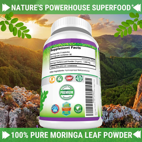 FRESH HEALTHCARE Moringa Oleifera 180 Capsules – 100% Pure Leaf Powder - 3 Month Supply - Non GMO and Gluten Free - Complete Green Superfood Suppl...