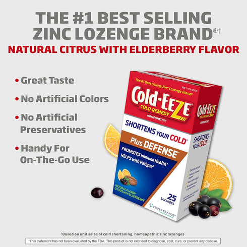 Cold-Eeze Plus Defense Natural Citrus with Elderberry Zinc Lozenges, Homeopathic Cold Remedy, Shortens Common Cold Symptoms, Promotes Immune Healt...