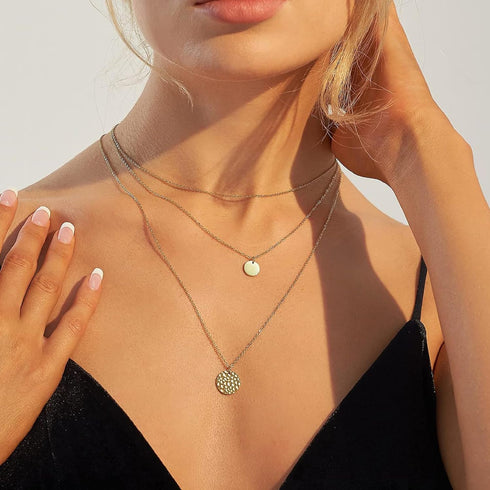 Harlorki Dainty Simple 14K Gold Plated Layered Link Chain Choker Round Circle Hammered Disk Pendant Necklace Fashion Jewelry Gift for Women Lady...
