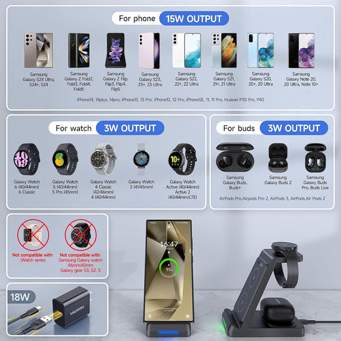 3 in 1 Wireless Charging Station for Samsung,Fast Phone Charger Station for Samsung Galaxy S24 S23 S22 S20 Ultra Z Flip Fold 5/4/3Galaxy Watch 6/5...