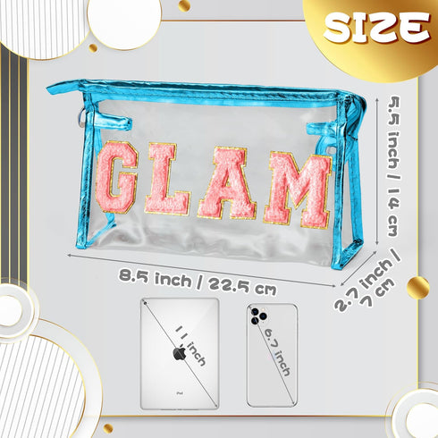 Preppy Patch Cosmetic Bag - Summer GLAM Chenille Varsity Letter Toiletry Bag Transparent PVC Zipper Makeup Bag Waterproof Portable Travel Beach Ba...