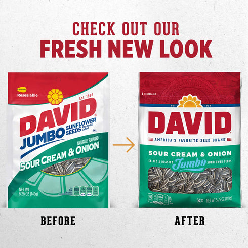 DAVID Roasted and Salted Jumbo Sunflower Seeds, Sour Cream and Onion Flavor, 5.25oz....