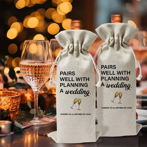Wedding Or Engagement Gift Bag For Couple Bride Groom Her Him Women Man, Cotton Linen Wine Gift Bag With Drawstring, Wedding Or Engagement Party D...