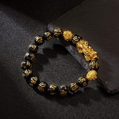 Feng Shui Pixiu Bracelet Good Luck Black Obsidian Wealth Protection Bracelet Can Bring Luck and Prosperity Buddha Beads Elastic Bracelet for Women...