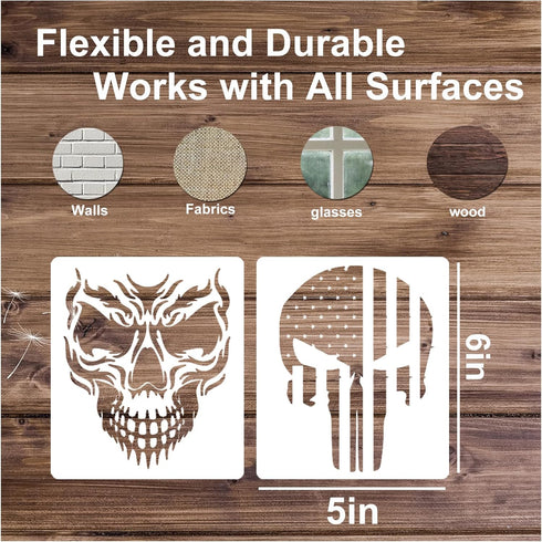 Skull Stencils for Painting On Wood Flame Skeleton Hand Finger Fire Templates for Airbrushing Art Crafts Plastic Reusable Wood Burning Stencils fo...