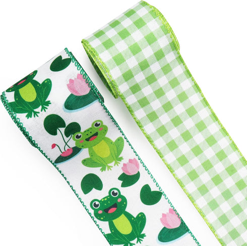 2 Rolls Spring Summer Frog Fabric Ribbons 5 Yards Animal Wired Burlap Ribbons Green Buffalo Plaid Decor Ribbon for Back to School Holiday Party Ha...