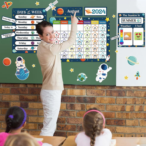 122pcs Cartoon Space Classroom Calendar Bulletin Board Set with Seasons Weather Festival I Feel Days of The Week for Classroom Back to School Deco...