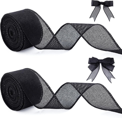 Burlap Wired Ribbon 1.5 inch wide 10 Yards Solid Rustic Jute Ribbons for Crafts,Black Burlap Ribbon for Wreath,Tree Decoration,Wedding Decoration ...