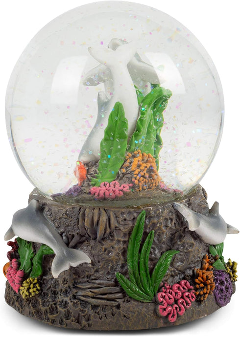 Elanze Designs Dolphin World Coral Reef Ocean Under The Sea Family Fish Coral Seaweed Tabletop Figurine 100MM Music Glitter Water Snow Globe Plays...