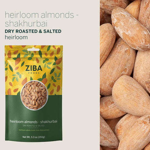 Ziba Foods Heirloom Shakhurbai Almonds | Dry Roasted & Salted | Non-GMO, Vegan, Gluten Free Snack, Nuts | Heirloom, Warm & Nutty | Healthy, Delici...