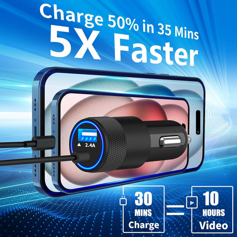 ?MFi Certified? iPhone 15 Car Charger Fast Charging, Rombica 4.8A USB Power Cigarette Lighter USB-C Car Charger Adapter + 6FT Type-C Coiled Cable ...