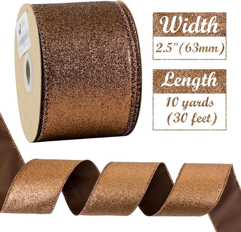 HUIHUANG Copper Christmas Ribbon 2-1/2" Sparkle Metallic Glitter Wired Ribbon for Tree, Bows Making, Wreath Supplies, Gift Wrapping, Garland, Home...
