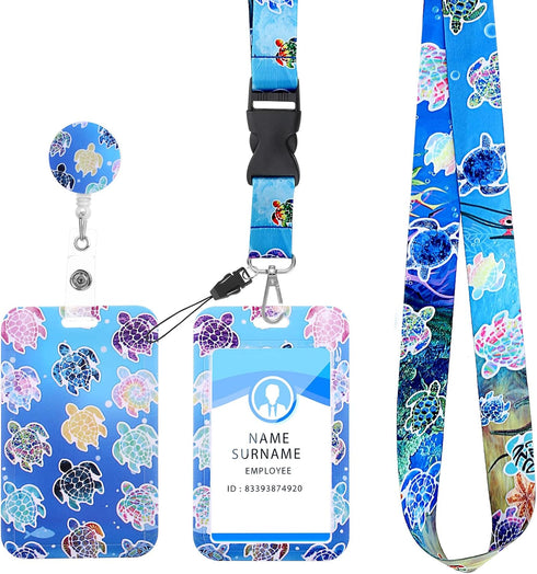 Sea Turtle ID Badge Holder with Lanyard, Marine Life Theme Retractable Badge Reel Clip and Detachable Lanyards with Card Holder Protector for Nurs...