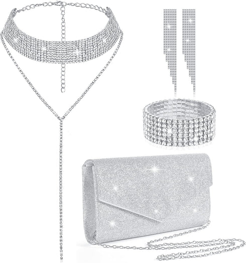 Meanplan 4 Pcs Silver Clutch Purse Jewelry Set for Women Evening Rhinestone Purse Silver Accessories for Women Bride Wedding Jewelry...