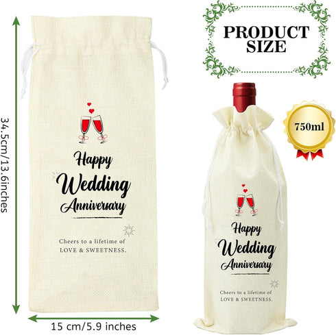 Omoojee 4 Pcs Wedding Anniversary Wine Bag, Couple Gift for Married Anniversary, Flax Drawstring Wine Bag...