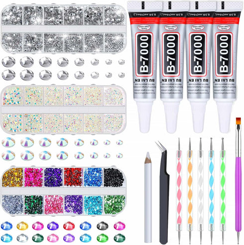 shynek B7000 Jewelry Glue with Rhinestones for Crafts, 6300Pcs Rhinestones with Gems Adhesive for Shoes Cloth Fabric with Picker Pencil for Crafti...