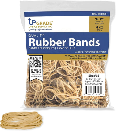 Upgrade Office Supply UPG23716 Rubber Bands, Size #16 (2-1/2" x 1/16"), 1/4 lb. Bag, Approx. 450 Bands, Natural Crepe, Made in USA...