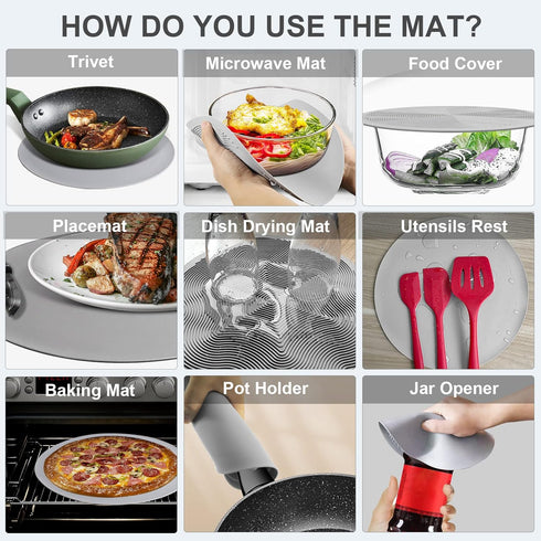 10 Inch Microwave Food Cover & Collapsible Silicone Mat - Splatter Guard, Plate Holder & Kitchen Colander for Meal Prep, Charcoal...