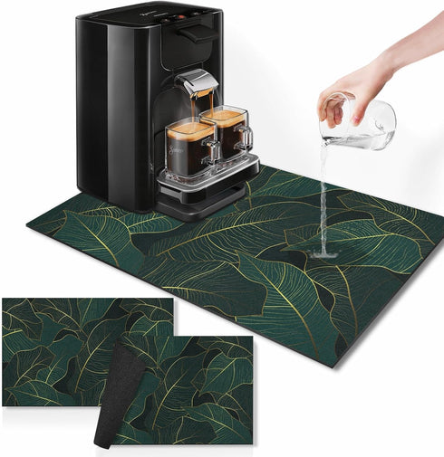 Coffee Mat for Countertop, Golden Banana Leaf Emerald Green Dish Drying Mat 2 Pcs for Kitchen Coffee Bar Accessories, Coffee Maker Espresso Machin...