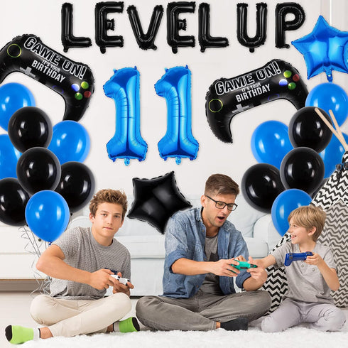 Video Game Birthday Party Set, Level Up 11 Video Game Balloons Controller Balloons Blue Black Stars Aluminum Foil Balloons Kit Decorations (11TH)...