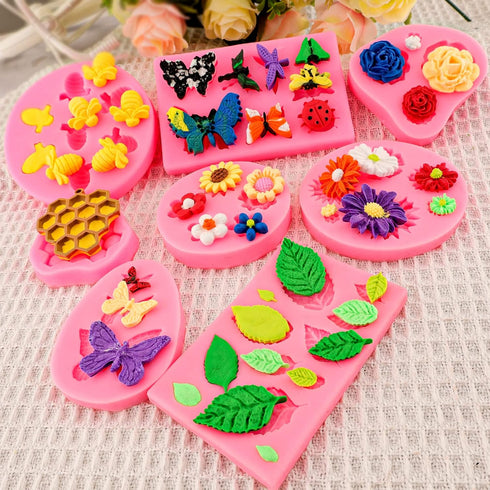 Silicone Mold Flower 8pcs Chocolate Fondant Polymer Clay Candy Gummy Mold,Rose Leaf Butterfly Bee Honey Shaped Silicone Molds for DIY Cake Cupcake...