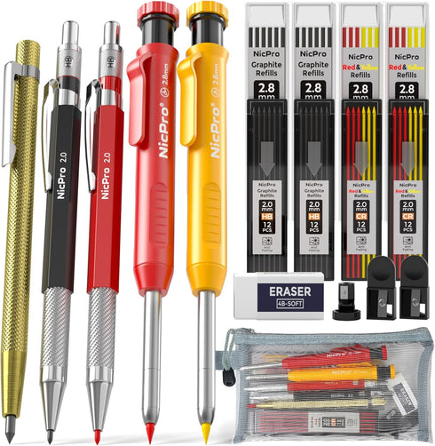Nicpro 18 Pack Carpenter Pencil Set with Sharpener, Mechanical Carpenter Pencils with 76 Refills and Carbide Scribe Tool, Deep Hole Marker, Heavy ...