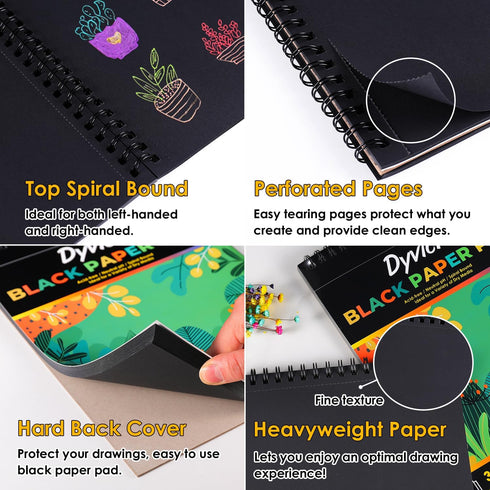 Dyvicl Black Paper Pad 5.5"x8.5" Sketch Book, 35 Sheets (90 lb/150gsm), Spiral Black Sketchbook Drawing Paper for Pencil, Pastel, White Ink Gel Pe...