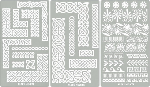 Aleks Melnyk No.36 Small Border Stencils for Bullet Journaling, Greek Key Stencils, Celtic Knot, Ornate Viking Stencils, Steel Journal Stencils, M...