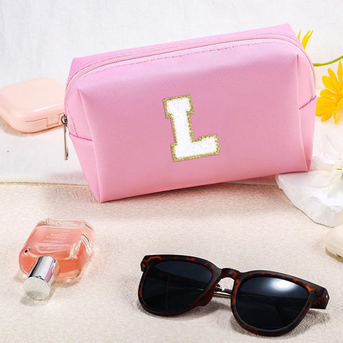 Initial Makeup Bag for Women Travel Small PU Leather Cosmetic Bag Cute Pink Personalized Preppy Chenille Letter Makeup Pouch for Purse Zippered To...