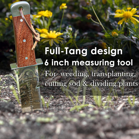 SHALL Hori Hori Garden Knife, Gardening Knife with Leather Sheath, Rosewood Handle & Hide Rope, 7” Stainless Steel Blade, Rope Cutting Edge, for D...