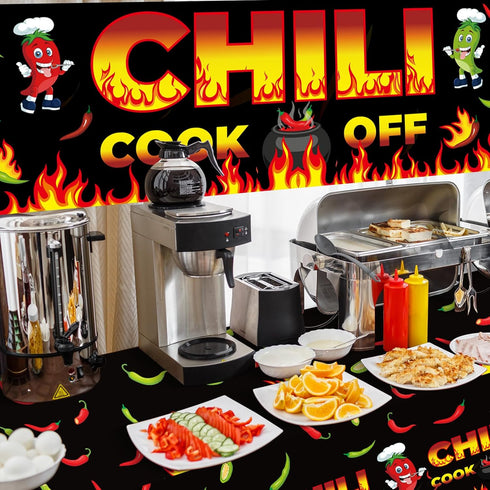 Chili Cook Off Decorations, 71" x 24" Chili Cook Off Banner, 3 Pcs Chili Pepper Plastic Tablecloth Table Cover 53" x 108", Mexican Fiesta Chili Co...